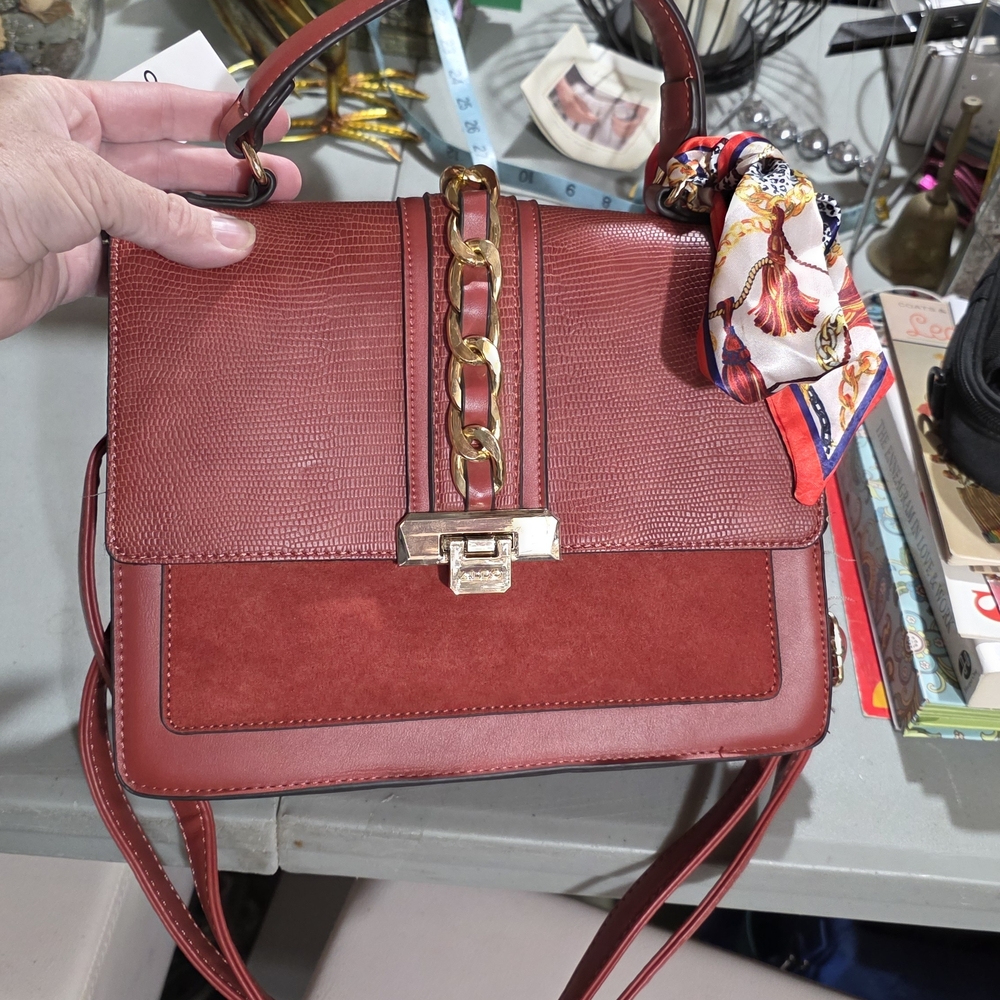 Aldo Red Satchel with Gold Chain Detail And Added Scarf